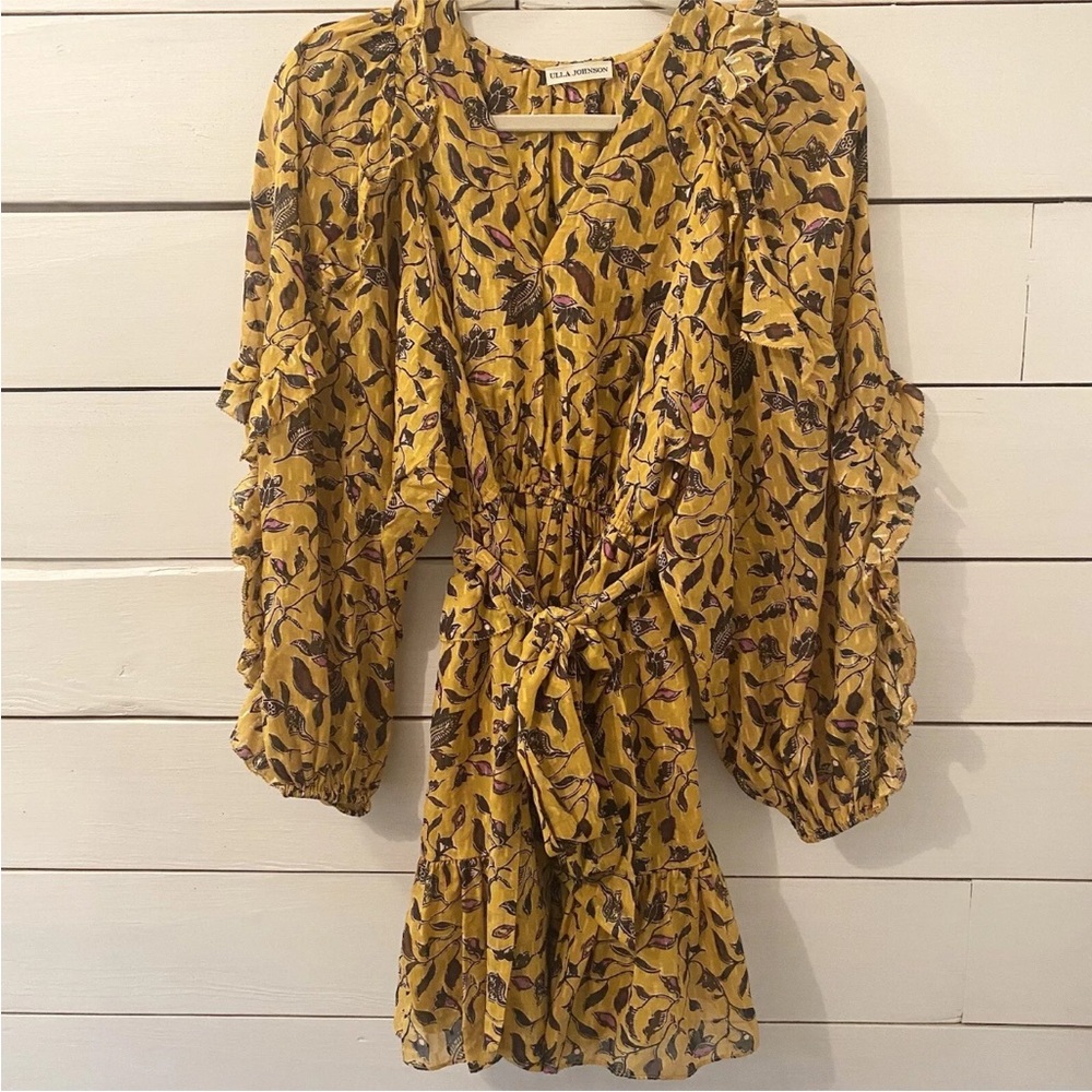 Ulla Johnson Maita Yellow Floral Ruffle Long Sleeve Silk Mini Dress - Size 2. - Picture 7 of 9